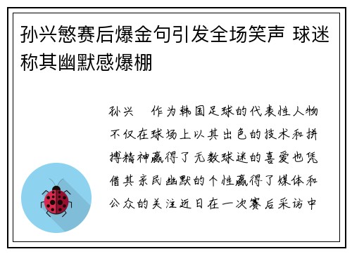 孙兴慜赛后爆金句引发全场笑声 球迷称其幽默感爆棚
