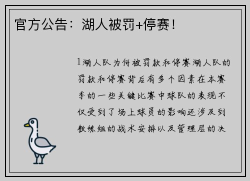 官方公告：湖人被罚+停赛！